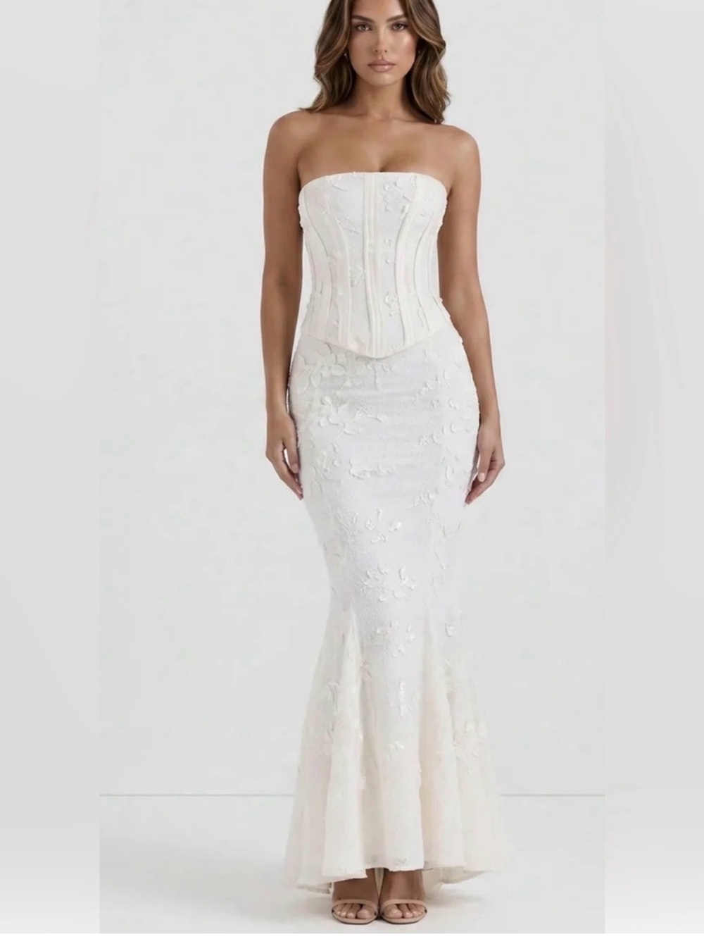 Strapless Cream Floral Embroidered Mermaid Dress